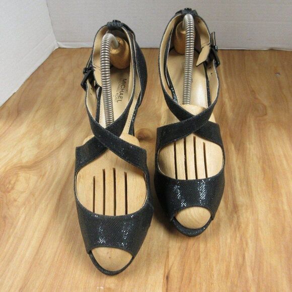 MICHAEL KORS Black Sparkle Strappy Heels Womens Sz 9 Peep Toe Glitter Sandals - Picture 3 of 12